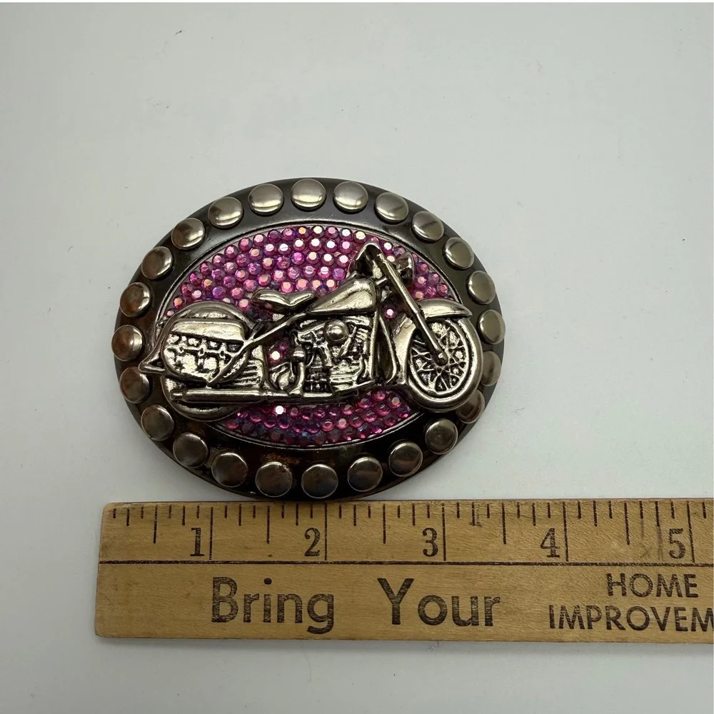 Womens OS Belt Buckle Pink Rhinestone Motorcycle Studded Oval Silver Biker‎ Moto